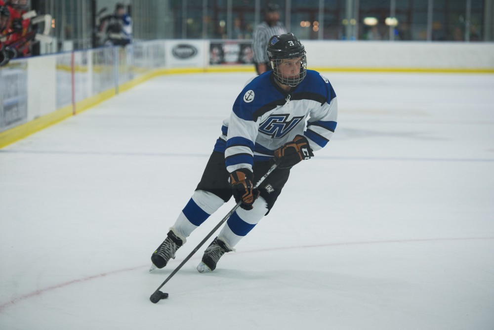 GVL / Luke Holmes - Danny Smith (3) skates toward the goal with the puck. GVSU Men’s D2 Hockey defeated Ferris State University with a score of 8-1 on Saturday, Oct. 16, 2016.