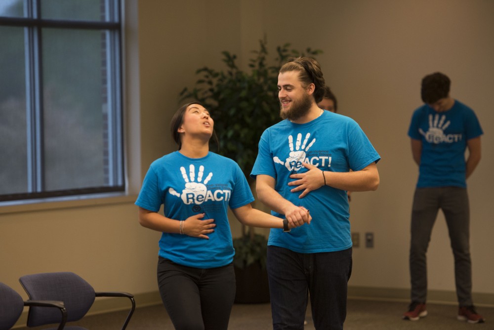 GVL / Luke Holmes - Students perform a short skit to raise awareness of rape. “It’s On Us: Champions of Change Kickoff” was held in the Pere Marquette room on Friday, Oct. 7, 2016.