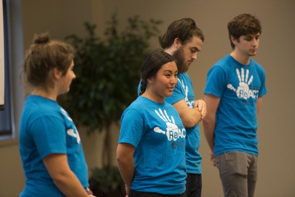 GVL / Luke Holmes - Students perform a short skit to raise awareness of rape. “It’s On Us: Champions of Change Kickoff” was held in the Pere Marquette room on Friday, Oct. 7, 2016.