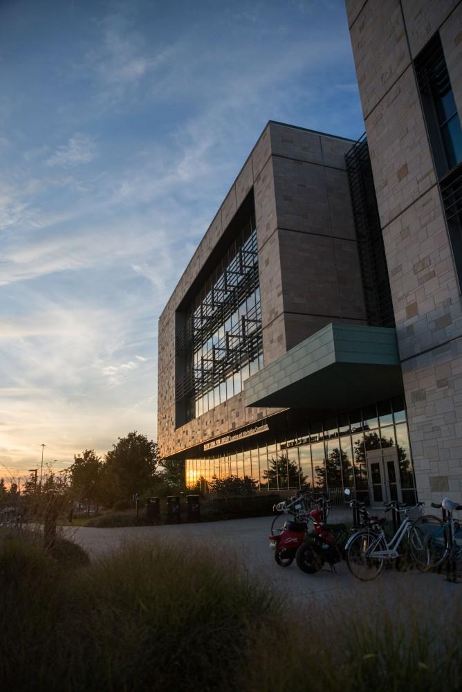 GVL / Luke Holmes - The Mary Idema Pew Library beautifully reflects the sunset.