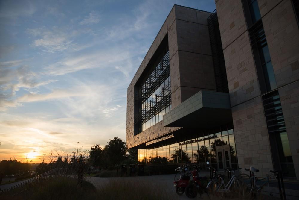 GVL / Luke Holmes - The Mary Idema Pew Library beautifully reflects the sunset.