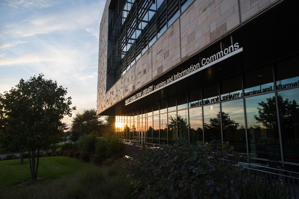 GVL / Luke Holmes - The Mary Idema Pew Library beautifully reflects the sunset.