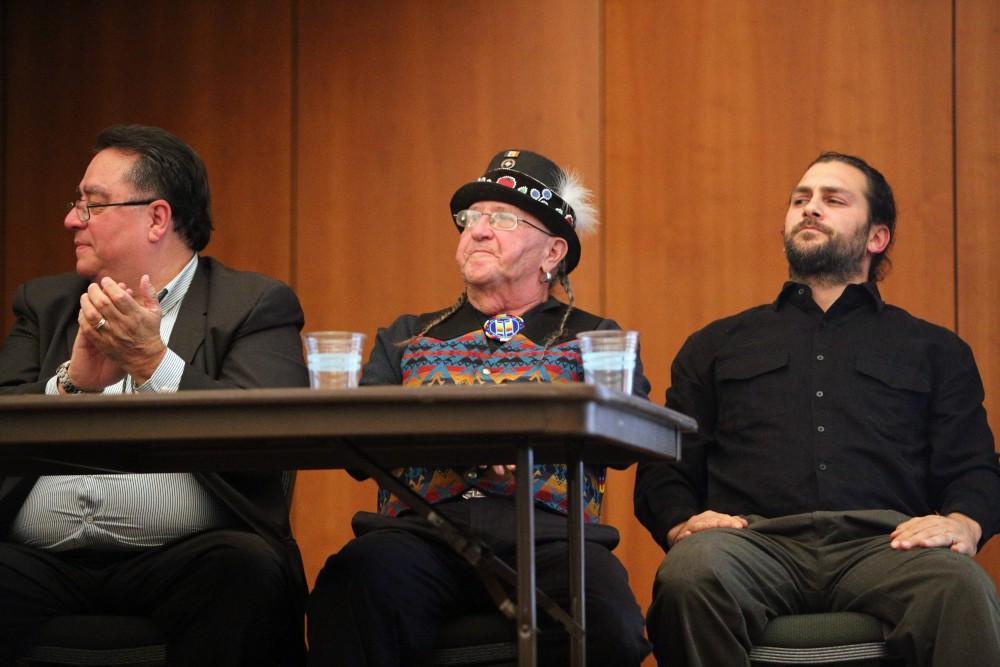 GVL / Emily Frye    
(From left to right) Levi Rickert, Steve Perry, and Ben Williams during the NASA "Water is Life" rally on Monday Oct. 10, 2016. 