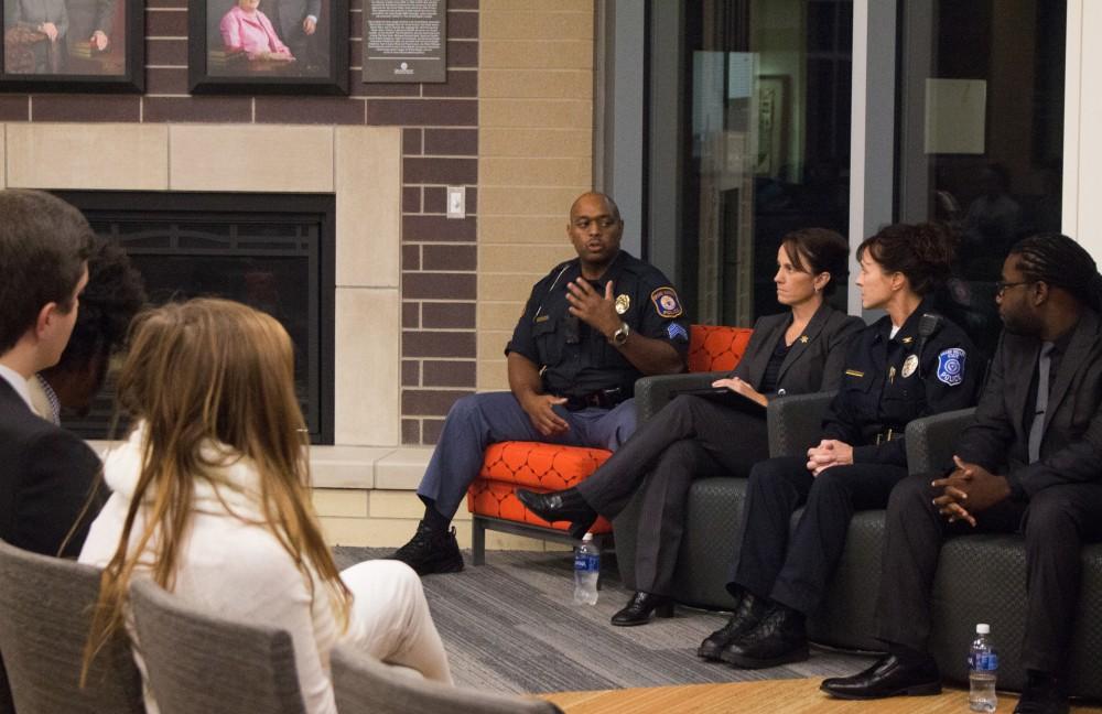 GVL/Mackenzie Bush - Sgt. Terry Dixon (fat left) answers a question at the police brutality panel discussion Thursday, October 20 in Hilton Hooker Living and Learning Center 