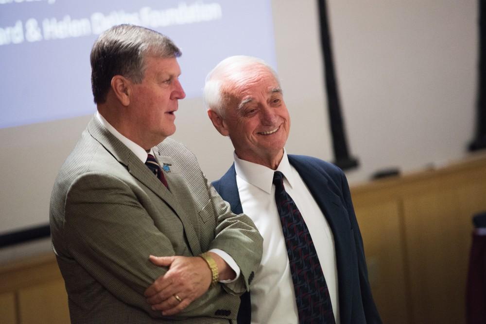 GVL/Luke HolmesPresident haas speaks with Doug Kindschi Oct. 26 in Grand Valley’s Center for Health Sciences.