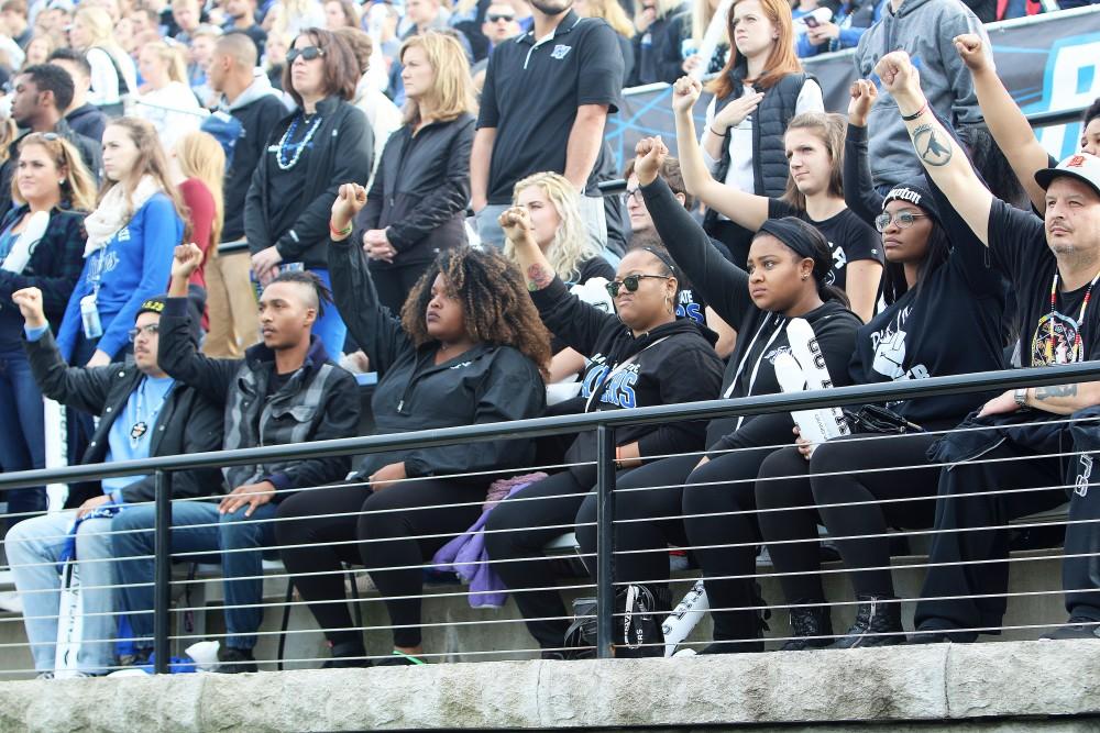 GVL / Sanda Vasgec
The Grand Valley State NAACP protests the national anthem during the Laker football game on Saturday Oct. 15, 2016. 