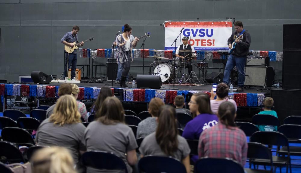 GVL/Kevin Sielaff - Love Handle, a Grand Rapids area blues and jazz band, performs on stage during Rock the Vote. Student Senate hosts Rock the Vote as part of Student Civic Assembly week Friday, Sept. 30, 2016 inside the Fieldhouse Arena. 