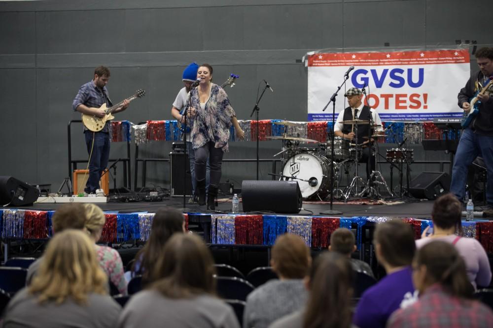 GVL/Kevin Sielaff - Love Handle, a Grand Rapids area blues and jazz band, performs on stage during Rock the Vote. Student Senate hosts Rock the Vote as part of Student Civic Assembly week Friday, Sept. 30, 2016 inside the Fieldhouse Arena. 