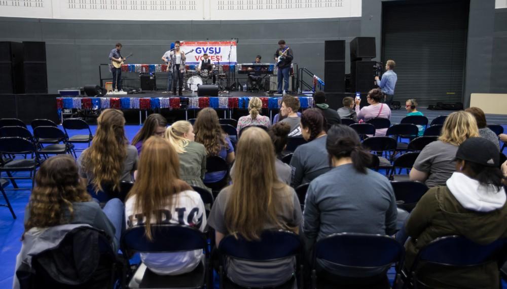 GVL/Kevin Sielaff - Love Handle, a Grand Rapids area blues and jazz band, performs on stage during Rock the Vote. Student Senate hosts Rock the Vote as part of Student Civic Assembly week Friday, Sept. 30, 2016 inside the Fieldhouse Arena. 