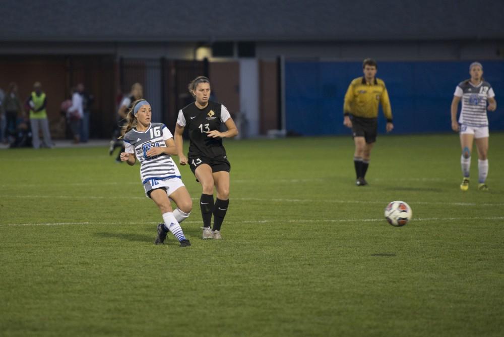 GVL / Luke Holmes - Dani Johnson (16) passes the ball. GVSU Women’s Soccer defeated Ohio Dominican University with a score of 3-0 on Friday, Oct. 15, 2016.