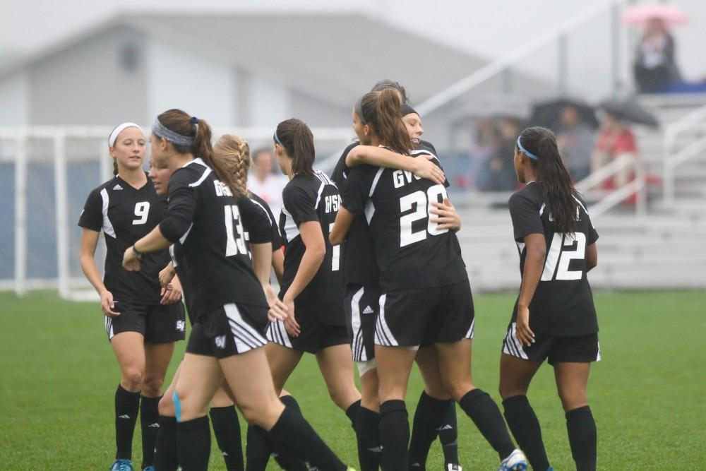 GVL / Luke Holmes - Marti Corby (13) takes the shot. GVSU Women’s Soccer defeated Ohio Dominican University with a score of 3-0 on Friday, Oct. 15, 2016.