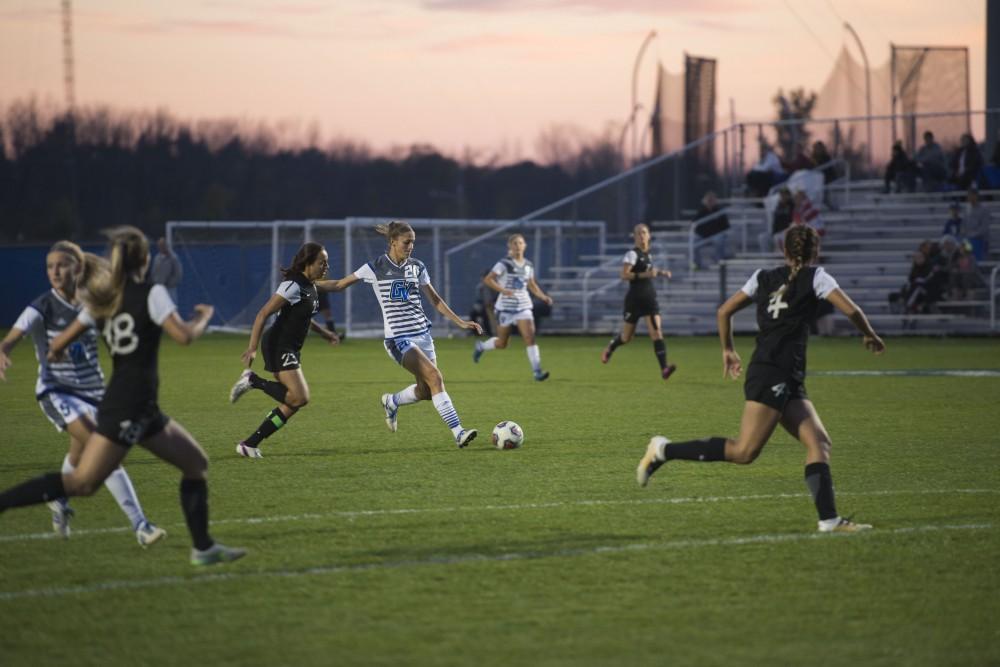 GVL / Luke Holmes - Gabriella Mencotti (20) advances the play down the field. GVSU Women’s Soccer defeated Ohio Dominican University with a score of 3-0 on Friday, Oct. 15, 2016.