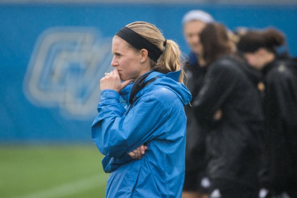 GVL / Luke Holmes - The team celebrates after scoring a goal. GVSU Women’s Soccer defeated Ohio Dominican University with a score of 3-0 on Friday, Oct. 15, 2016.