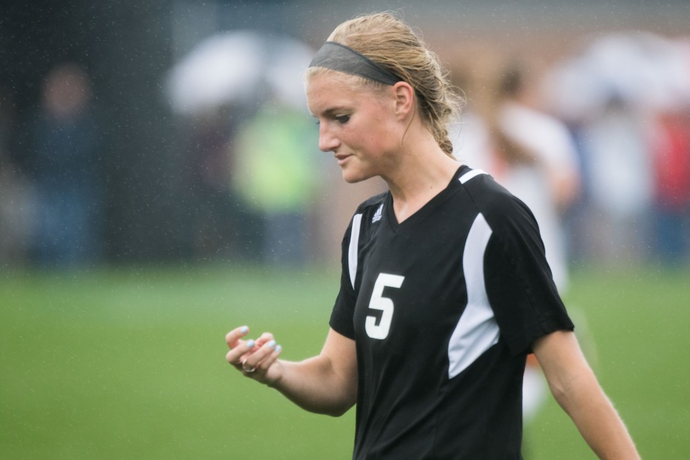 GVL / Luke Holmes - Kendra Stauffer (5) advances the ball down the field. GVSU Women’s Soccer defeated Ohio Dominican University with a score of 3-0 on Friday, Oct. 15, 2016.