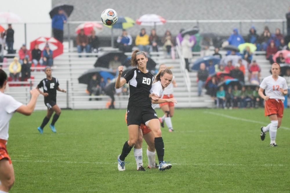 GVL / Luke Holmes - Kendra Stauffer (5) dribbles around the defender. GVSU Women’s Soccer defeated Ohio Dominican University with a score of 3-0 on Friday, Oct. 15, 2016.