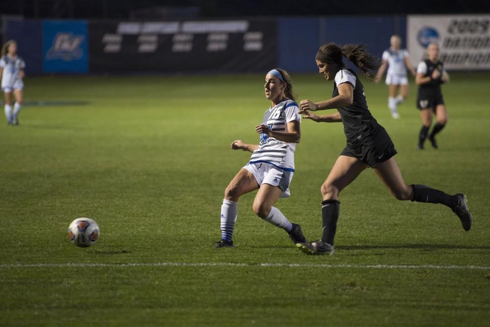 GVL / Luke Holmes - Dani Johnson (16) passes the ball. GVSU Women’s Soccer defeated Ohio Dominican University with a score of 3-0 on Friday, Oct. 15, 2016.