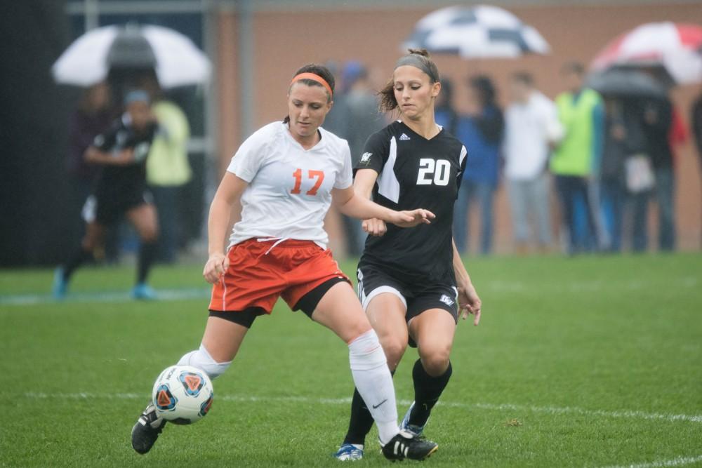 GVL / Luke Holmes - Shannon Quinn (10) dribbles down the field. GVSU Women’s Soccer defeated Ohio Dominican University with a score of 3-0 on Friday, Oct. 15, 2016.