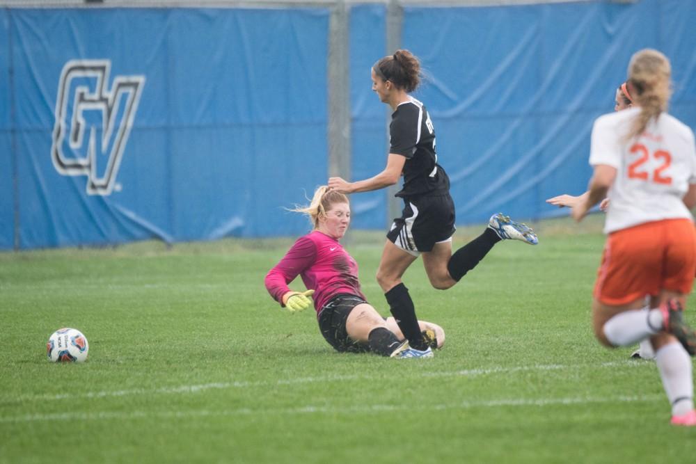 GVL / Luke Holmes - Marti Coby (13) rips a shot at the goal. GVSU Women’s Soccer defeated Ohio Dominican University with a score of 3-0 on Friday, Oct. 15, 2016.