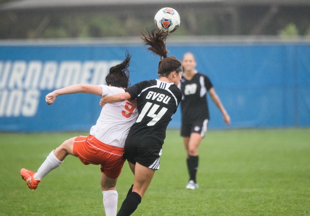 GVL / Luke Holmes - Kendra Stauffer (5) kicks the ball down the field. GVSU Women’s Soccer defeated Ohio Dominican University with a score of 3-0 on Friday, Oct. 15, 2016.