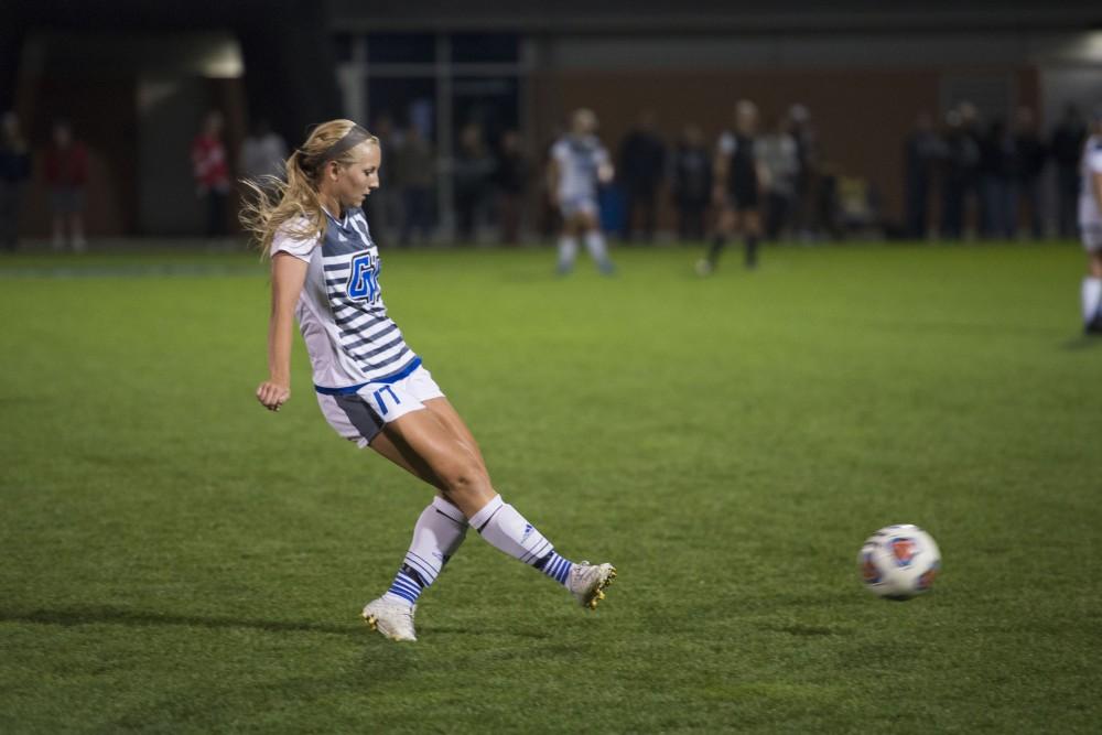 GVL / Luke Holmes - Erika Bradfield (17) passes the ball. GVSU Women’s Soccer defeated Ohio Dominican University with a score of 3-0 on Friday, Oct. 15, 2016.