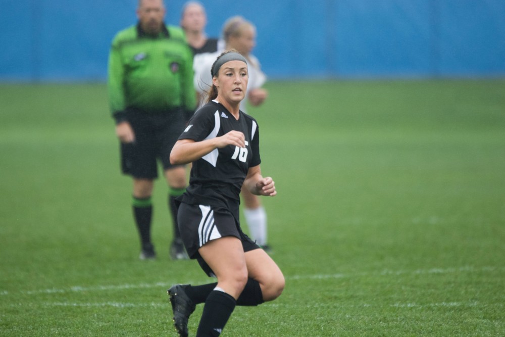 GVL / Luke Holmes - Head Coach, Jeff Hosler, watches toward the play. GVSU Women’s Soccer defeated Ohio Dominican University with a score of 3-0 on Friday, Oct. 15, 2016.