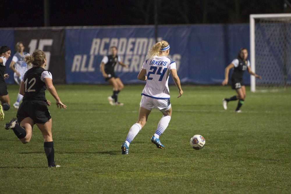 GVL / Luke Holmes - Tracey McCoy (24) moves the ball down the field. GVSU Women’s Soccer defeated Ohio Dominican University with a score of 3-0 on Friday, Oct. 15, 2016.