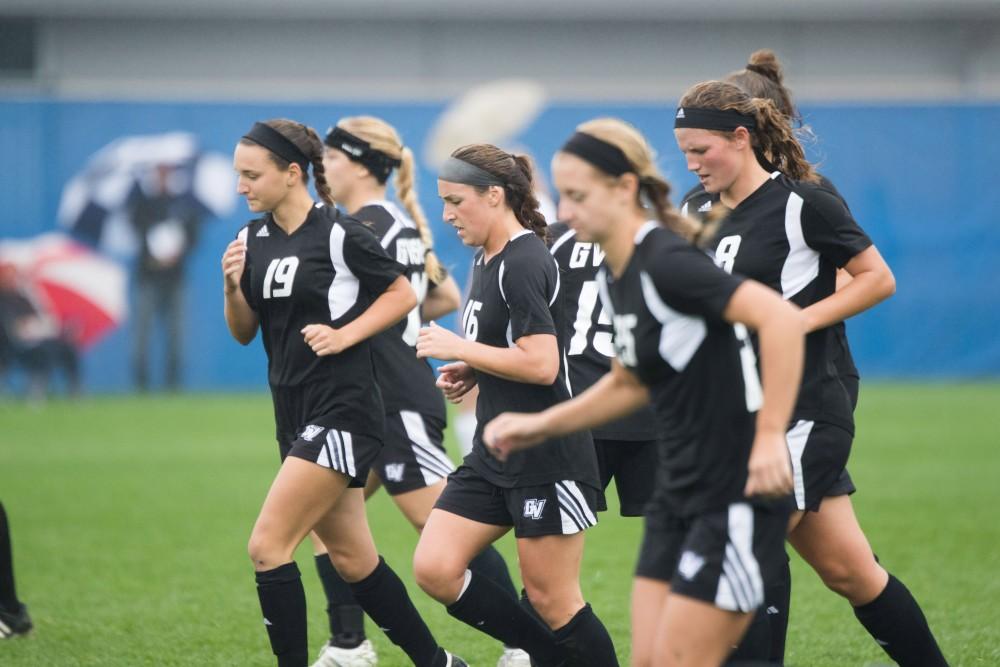 GVL / Luke Holmes - Erika Bradfield (17) clears the ball down the field. GVSU Women’s Soccer defeated Ohio Dominican University with a score of 3-0 on Friday, Oct. 15, 2016.