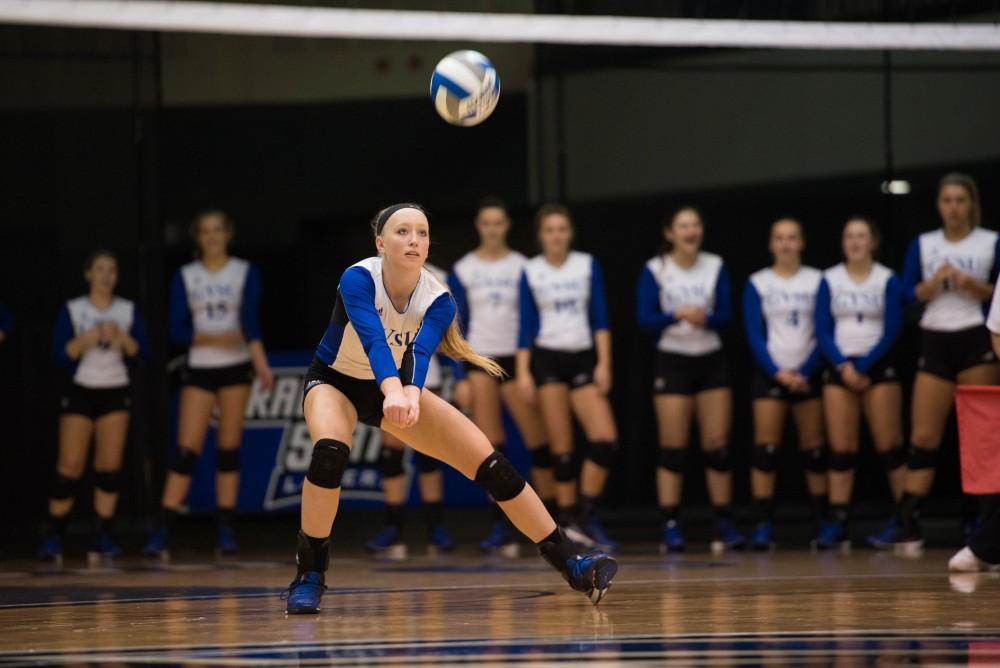 GVL / Luke Holmes - Kendall Yerkes (2) gets ready to return the ball. GVSU volleyball lost to Michigan Tech on Saturday, Oct. 29. 2016.