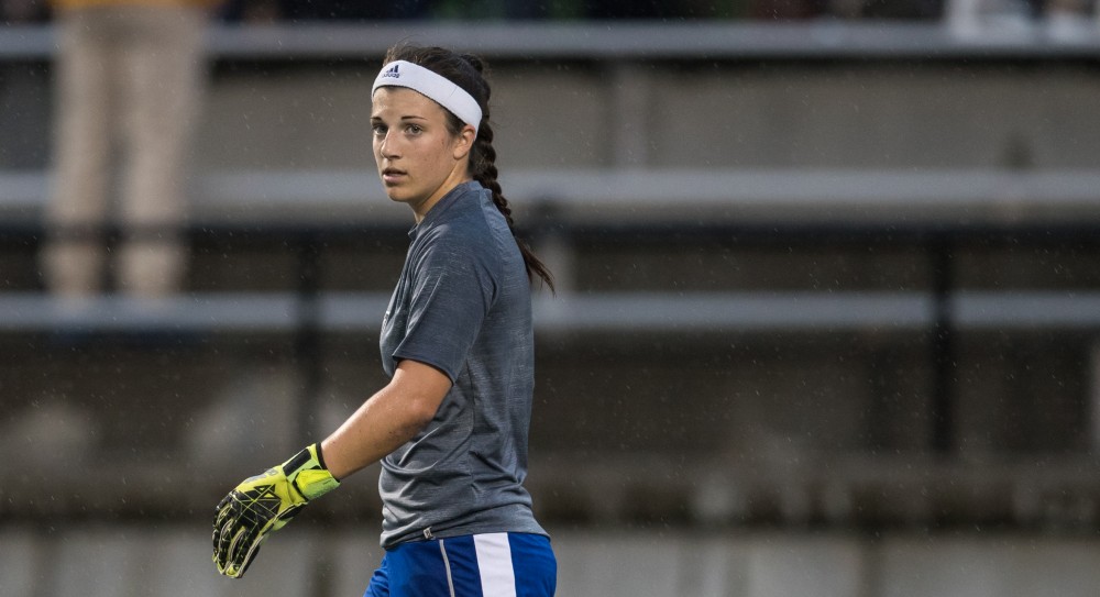 GVL/Kevin Sielaff - Jennifer Steinaway (30) warms up before the match. The Lakers square off against the Dragons of Tiffin University Friday, Sept. 30, 2016 and win with a final score of 10-0 at Lubbers Stadium.