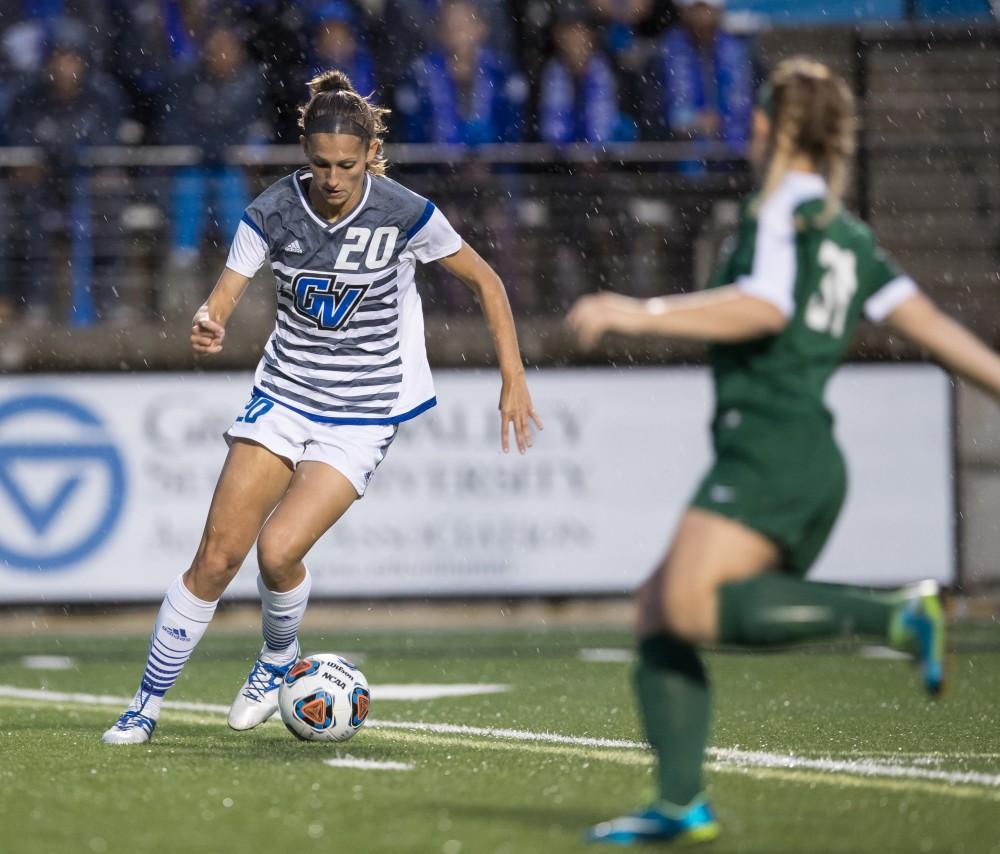 GVL/Kevin Sielaff - Gabriella Mencotti (20) moves the ball up the field and toward Tiffin's net. The Lakers square off against the Dragons of Tiffin University Friday, Sept. 30, 2016 and win with a final score of 10-0 at Lubbers Stadium.