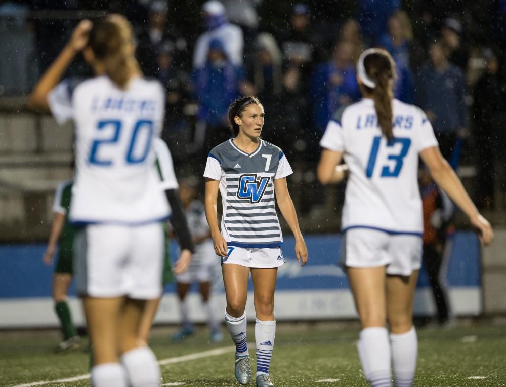 GVL/Kevin Sielaff - Clare Carlson (7) waits as the Lakers set up a corner kick. The Lakers square off against the Dragons of Tiffin University Friday, Sept. 30, 2016 and win with a final score of 10-0 at Lubbers Stadium.