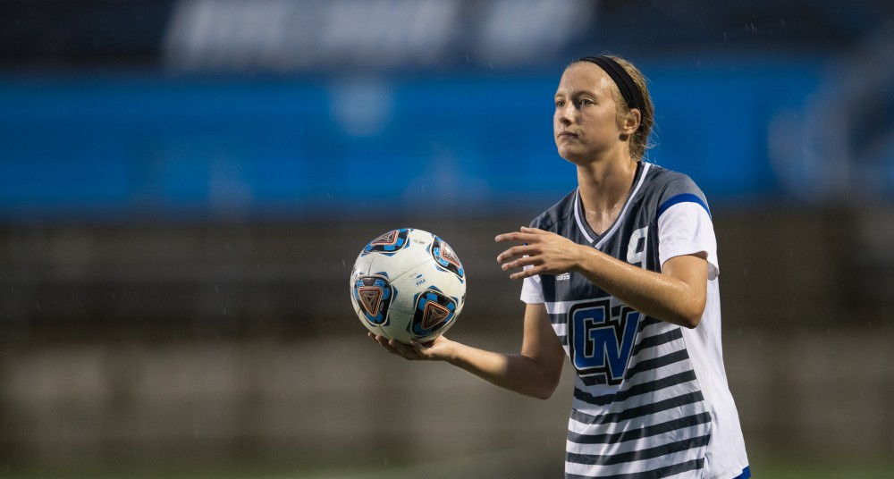 GVL/Kevin Sielaff - Madz Ham (9) throws the ball into play. The Lakers square off against the Dragons of Tiffin University Friday, Sept. 30, 2016 and win with a final score of 10-0 at Lubbers Stadium.