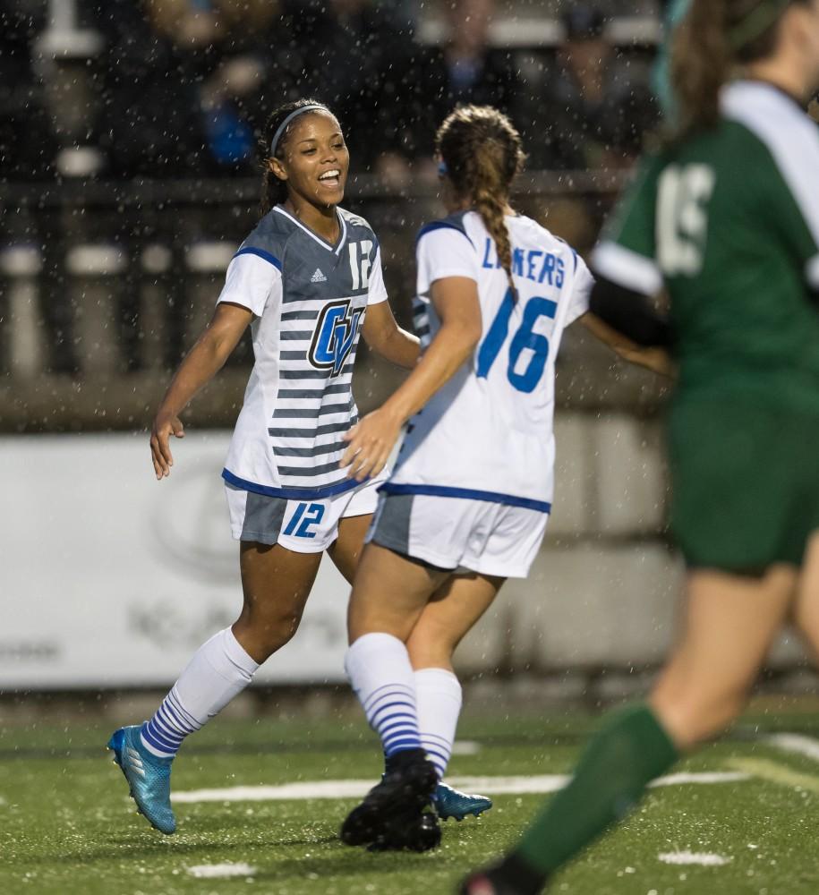 GVL/Kevin Sielaff - Jayma Martin (12) celebrates a Laker goal. The Lakers square off against the Dragons of Tiffin University Friday, Sept. 30, 2016 and win with a final score of 10-0 at Lubbers Stadium.