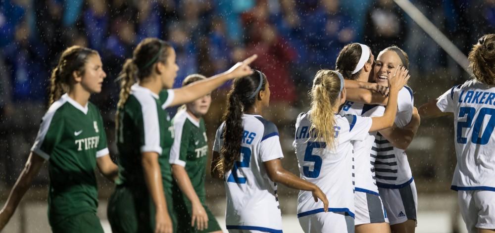 GVL/Kevin Sielaff - Erika Bradfield (17) and company celebrate a Laker goal. The Lakers square off against the Dragons of Tiffin University Friday, Sept. 30, 2016 and win with a final score of 10-0 at Lubbers Stadium.