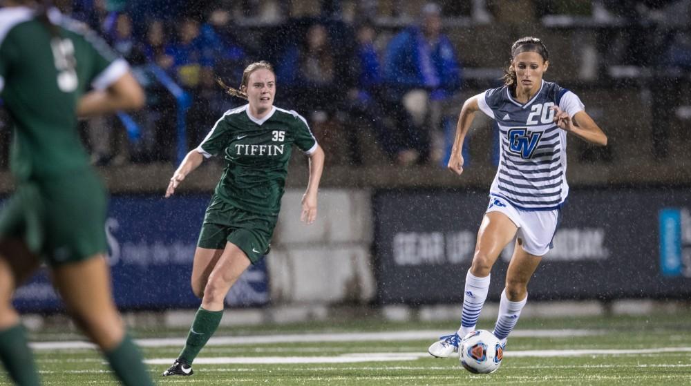 GVL/Kevin Sielaff - Gabriella Mencotti (20) pushes the ball up field. The Lakers square off against the Dragons of Tiffin University Friday, Sept. 30, 2016 and win with a final score of 10-0 at Lubbers Stadium.