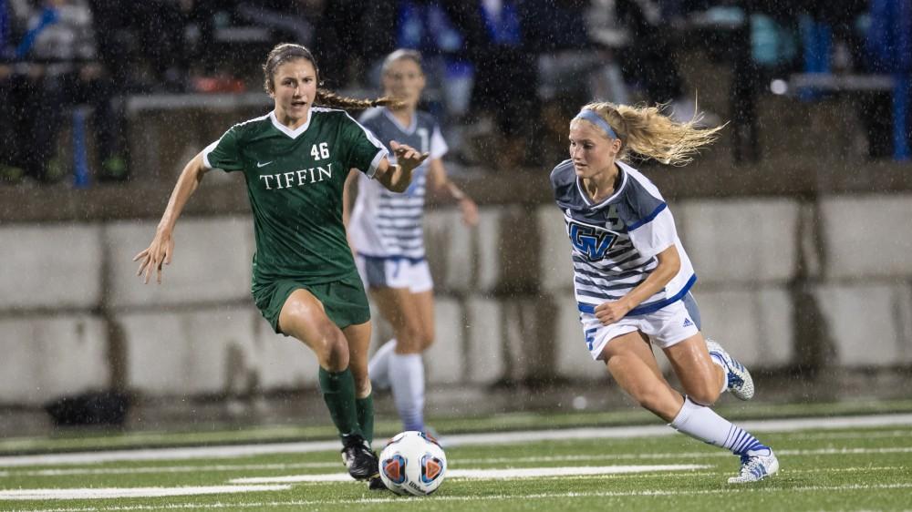 GVL/Kevin Sielaff - Kendra Stauffer (5) jukes her way down the field and through Tiffin's defense. The Lakers square off against the Dragons of Tiffin University Friday, Sept. 30, 2016 and win with a final score of 10-0 at Lubbers Stadium.