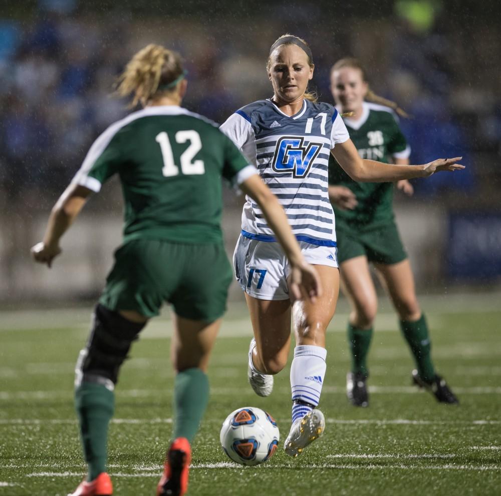 GVL/Kevin Sielaff - Erika Bradfield (17) sets up to send a shot in on net. The Lakers square off against the Dragons of Tiffin University Friday, Sept. 30, 2016 and win with a final score of 10-0 at Lubbers Stadium.