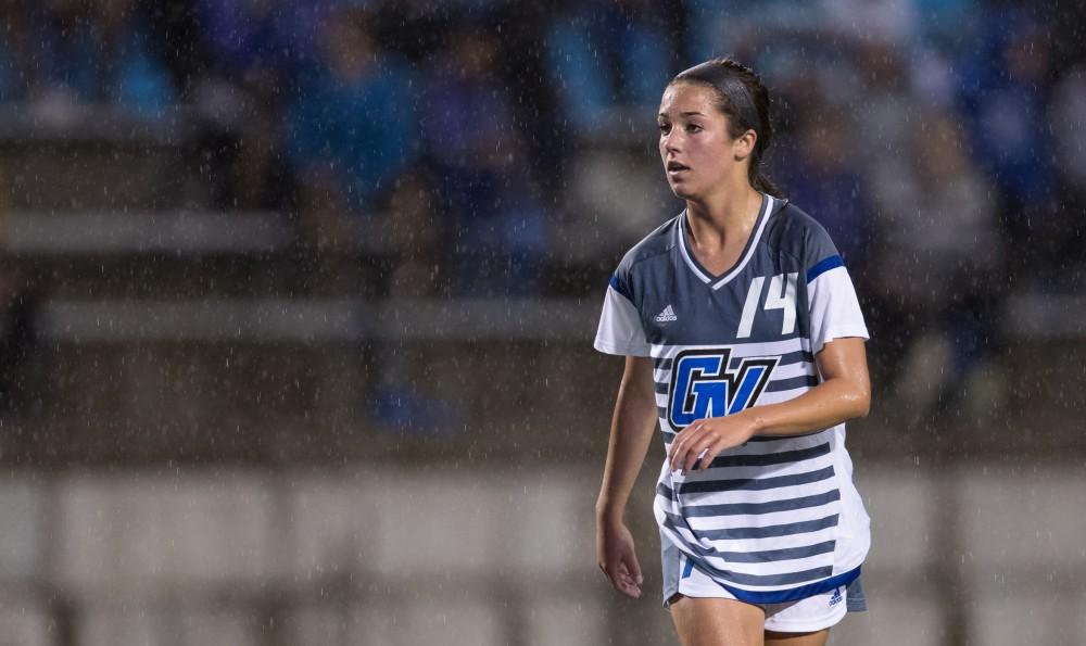 GVL/Kevin Sielaff - Mackenzie Fox (14) drops back as Grand Valley sets up for a corner kick. The Lakers square off against the Dragons of Tiffin University Friday, Sept. 30, 2016 and win with a final score of 10-0 at Lubbers Stadium.