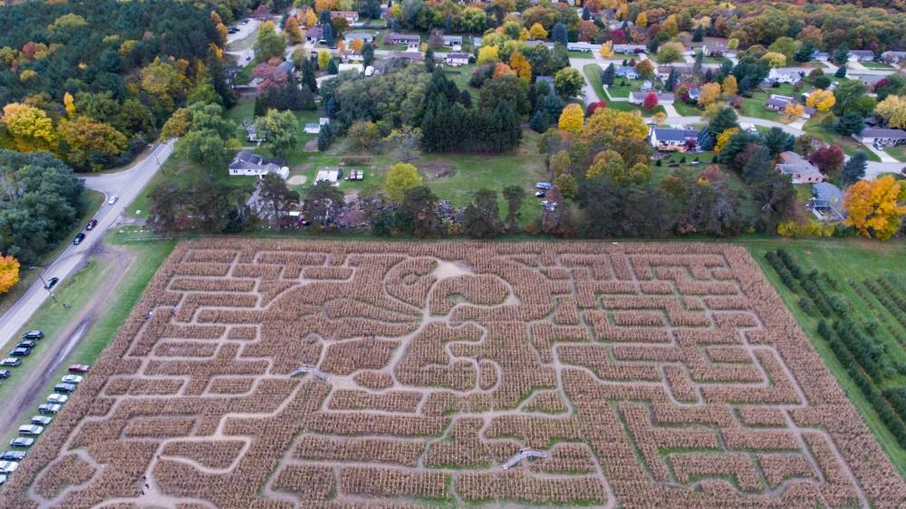 GVL/Kevin Sielaff - An aerial view of the Halloween themed corn maze at Robinette's Apple Haus & Winery on Sunday, Oct. 30, 2016.  