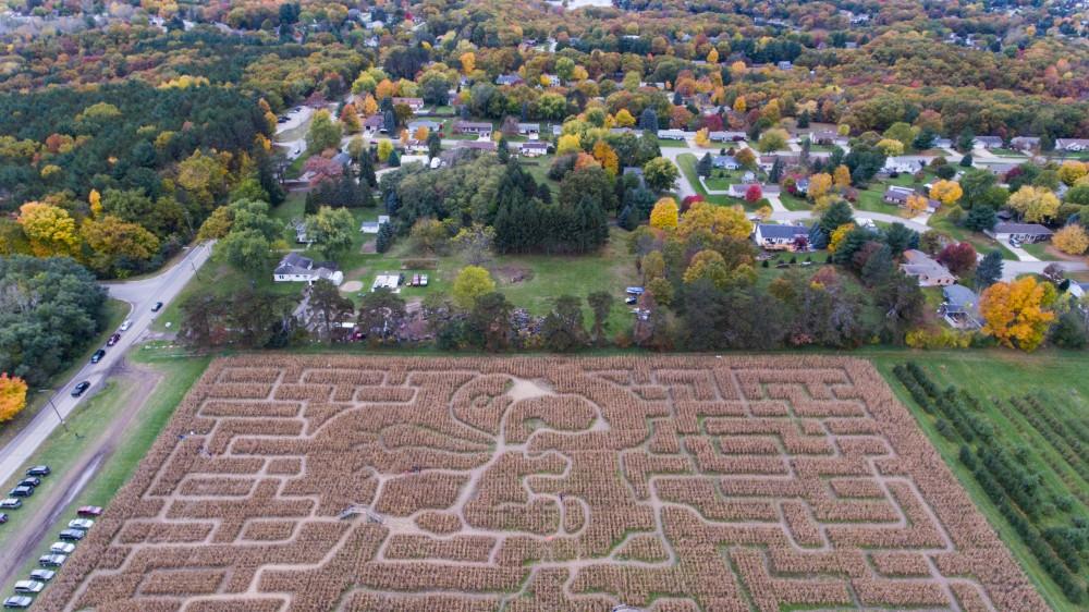 GVL/Kevin Sielaff - An aerial view of the Halloween themed corn maze at Robinette's Apple Haus & Winery on Sunday, Oct. 30, 2016.  