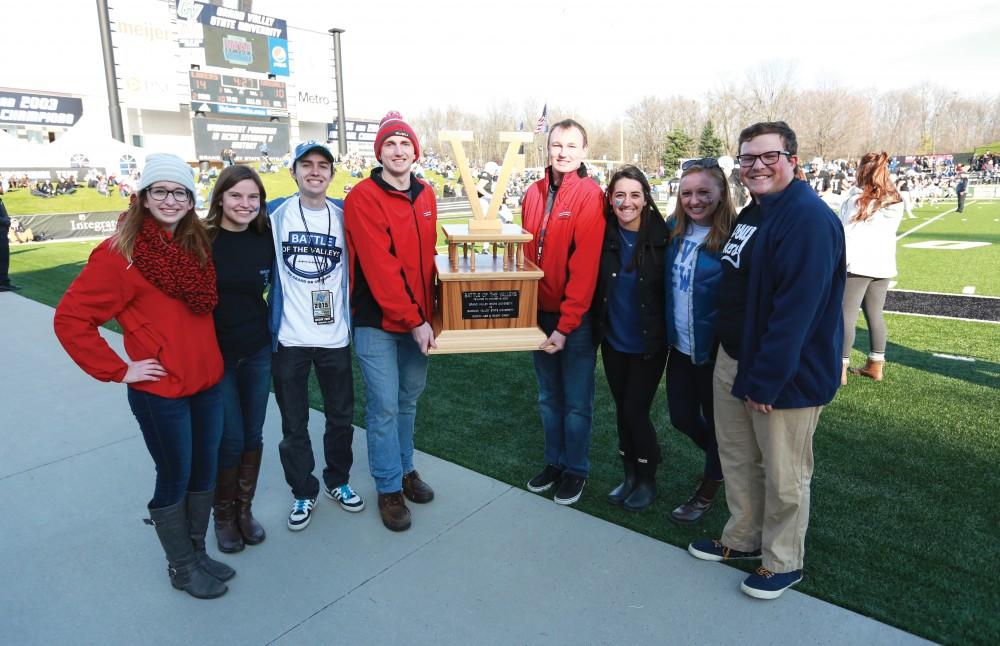 GVL / Kevin Sielaff - The BOTV trophy is presented during halftime.  Grand Valley squares off against SVSU Nov. 14 in Allendale. The Lakers hold on and win with a final score of 24-17.