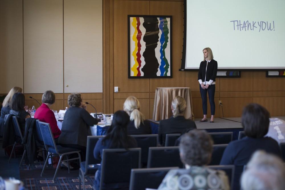 GVL / Luke Holmes - Zoe Bruyn pitches her business plan in front of the investors. The final pitch of the Dolphin Tank Competition was held Thursday, Nov. 10, 2016 in the Seidman College of Business.