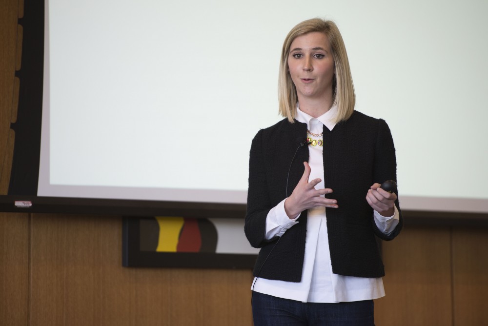 GVL / Luke Holmes - Zoe Bruyn pitches her business plan in front of the investors. The final pitch of the Dolphin Tank Competition was held Thursday, Nov. 10, 2016 in the Seidman College of Business.