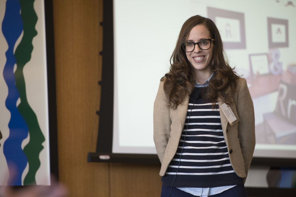 GVL / Luke Holmes - Kristin Thompson pitches her business plan in front of the investors. The final pitch of the Dolphin Tank Competition was held Thursday, Nov. 10, 2016 in the Seidman College of Business.