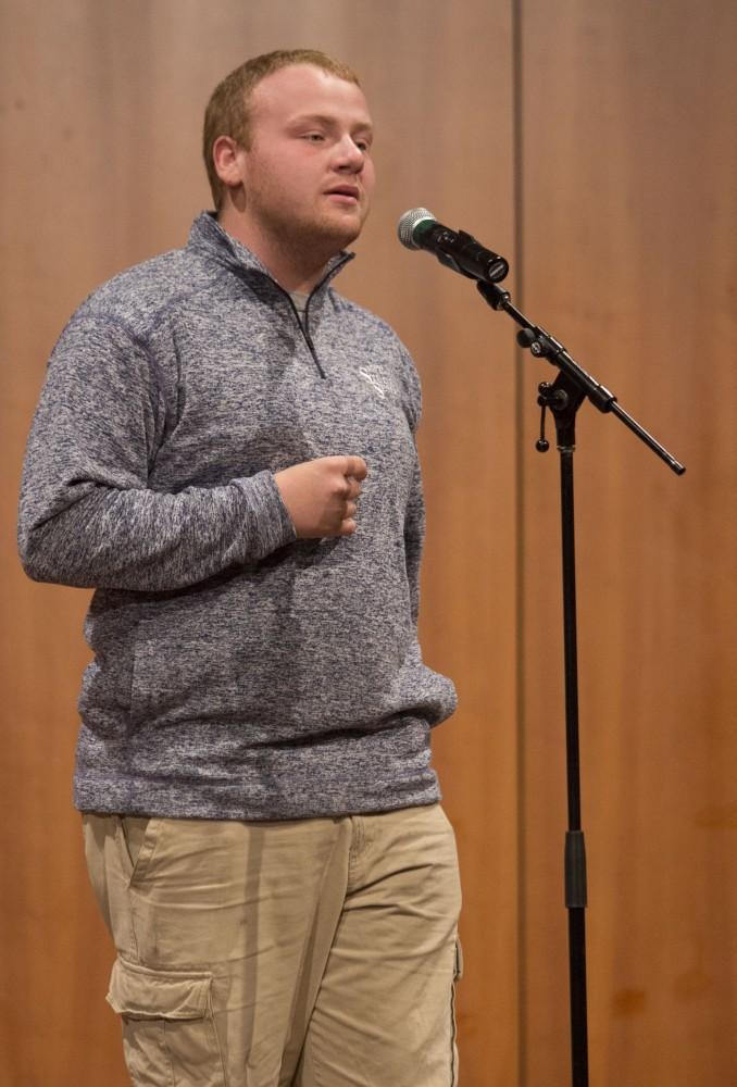 GVL/Mackenzie Bush - Eric-John Szczepaniak sings at Grand Valley’s Got Talent Tuesday, Nov. 1, 2016 in the Cook Dewitt Center. 