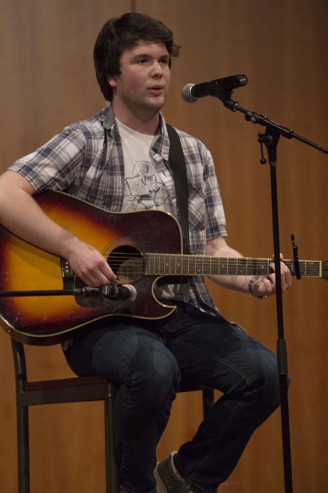 GVL/Mackenzie Bush - Sean Pollock sings and plays guitar at Grand Valley’s Got Talent Tuesday, Nov. 1, 2016 in the Cook Dewitt Center. 