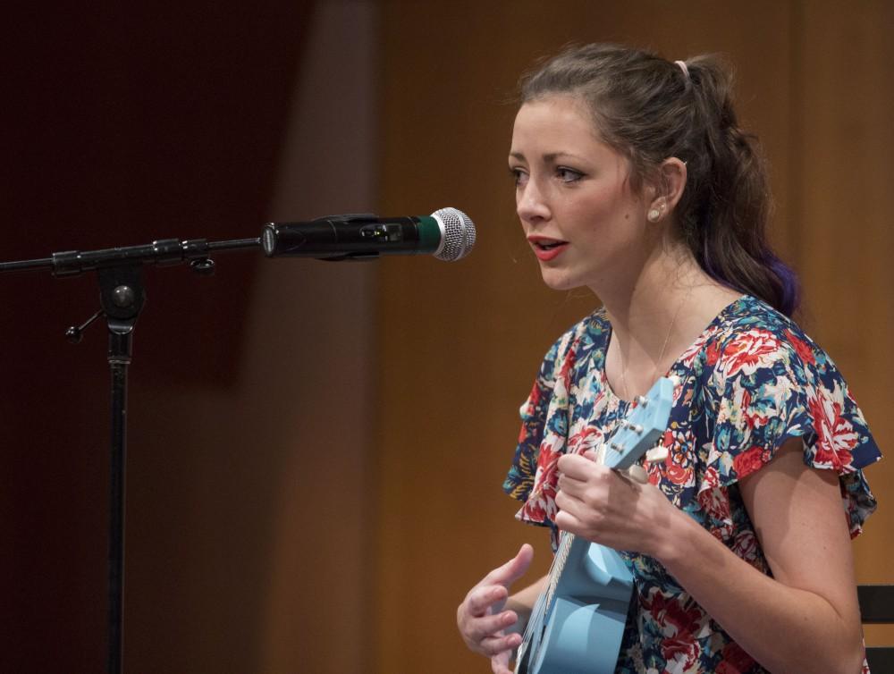 GVL/Mackenzie Bush - Lilly Greenwood sings and plays ukulele at Grand Valley’s Got Talent Tuesday, Nov. 1, 2016 in the Cook Dewitt Center. 