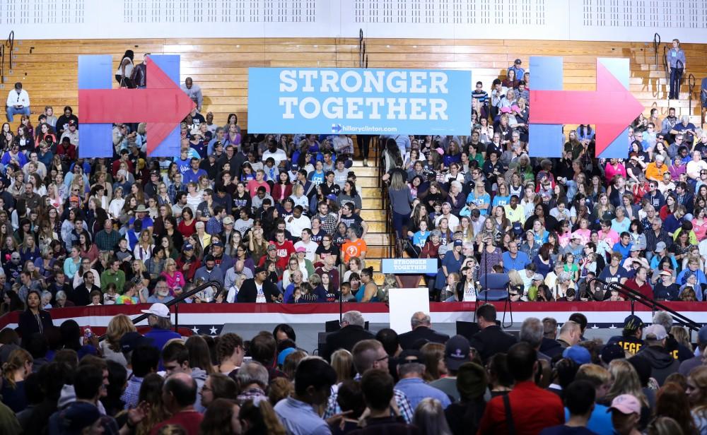 GVL/Kevin Sielaff - Spectators await Hillary Clinton's speech at Grand Valley State's Fieldhouse Arena on Monday, Nov. 7, 2016. 