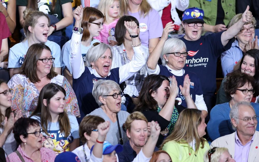 GVL/Kevin Sielaff - Spectators await Hillary Clinton's speech at Grand Valley State's Fieldhouse Arena on Monday, Nov. 7, 2016. 