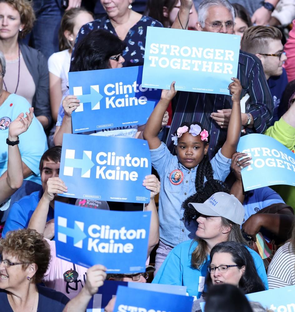 GVL/Kevin Sielaff - Spectators await Hillary Clinton's speech at Grand Valley State's Fieldhouse Arena on Monday, Nov. 7, 2016. 